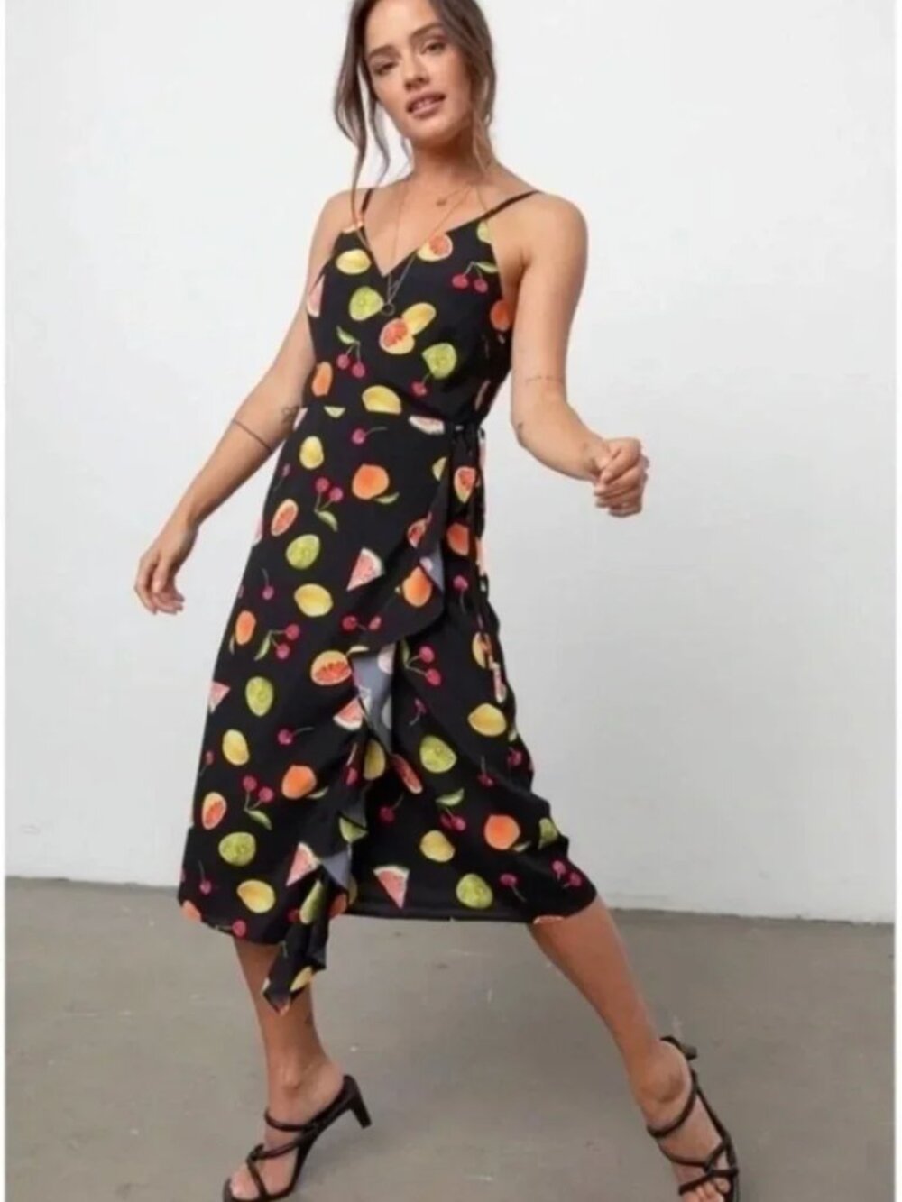Rails NWT Black Fruit Print Wrap Midi Dress